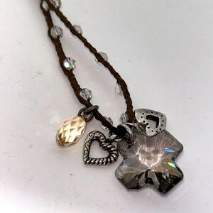 Brighton Karma Cross Necklace Crystal Cross Brown Cord Silver